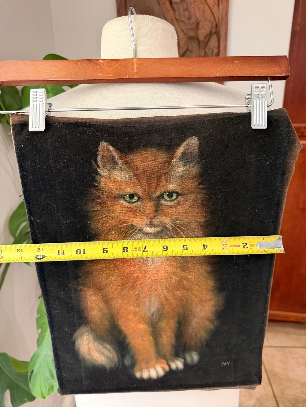 Vintage Signed IVY Orange Tabby Cat Portrait Black Velvet Textile Art